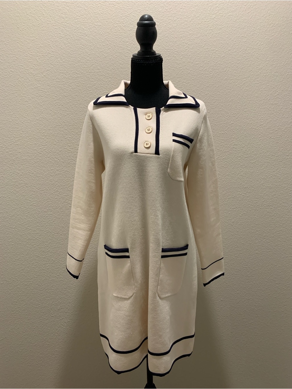 Tuckernuck Cream & Navy Eleonora Knit Polo Dress (Size M)